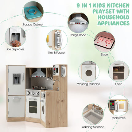 Costzon Kids Corner Kitchen Playset, Wooden Pretend Play Kitchen Toy Set