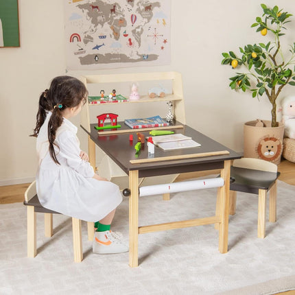 Costzon 2 in 1 Children’s Wooden Easel Table Set with 2-Tier Shelves