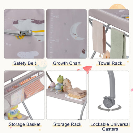 Costzon Portable Changing Table, Mobile Baby Changing Table with Wheels, Safety Belt, Large Storage Basket