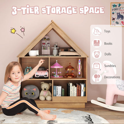 Costzon Kids Dollhouse Bookshelf 3-Tier Wooden Open Bookcase for Toys and Books