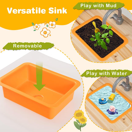 Costzon Mud Kitchen, Fir Wood Outdoor Play Kitchen with 4 Planting Pots, Stoves, Removable Sink