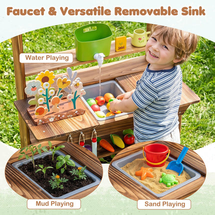 Costzon Outdoor Mud Kitchen for Kids | Toddler Wooden Potting Bench w/Water Faucet