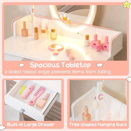 Costzon Kids Vanity, Girls Vanity Set with Mirror and Stool and Lights, 2 in 1 Wooden Princess Makeup Desk Dressing Table