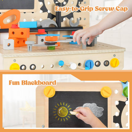 Costzon Kids Tool Bench, Wooden Pretend Workbench w/ 81 Accessories, Blackboard, Realistic Role Play Construction Building Tool Set