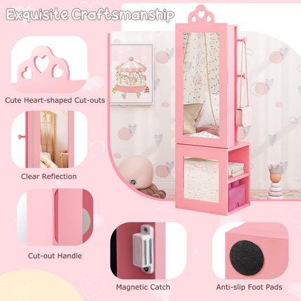 Costzon Kids Vanity & Jewelry Armoire Cabinet, Wooden Kids Vanity Table and Chair Set