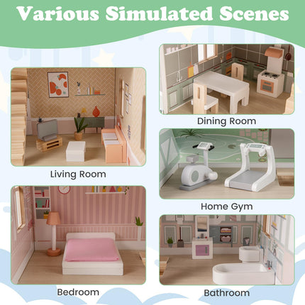 Costzon Wooden Dollhouse for Kids, 3-Level Dollhouse Playset with Double-Sided Roofs