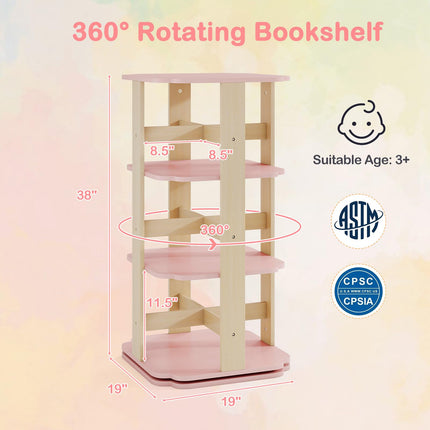 Costzon Kids Rotating Bookshelf 360° Spinning 3-Tier Corner Bookshelf(Pink classic)