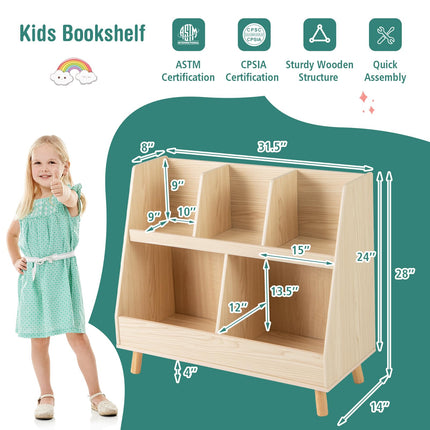 Costzon Toy Organizers and Storage with Bookshelf, 5 Cubbies Wooden Toy Cabinet and Montessori Bookcase with Solid Legs