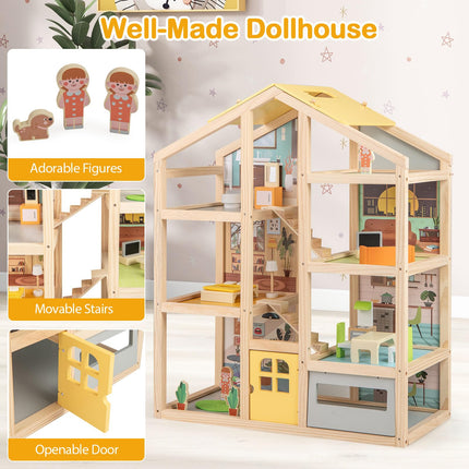 Costzon Wooden Dollhouse for Kids Modern Family Pretend Playhouse