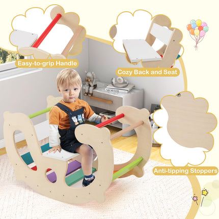 Costzon 2-in-1 Toddler Rocking Arch, Montessori Climbing Set & Wooden Rocking Horse Toy with Backrest & Seat