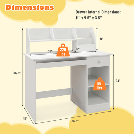 Costzon Kids Study Desk, Wooden Writing Table w/Keyboard Tray, Hutch, Drawer, Storage Shelves