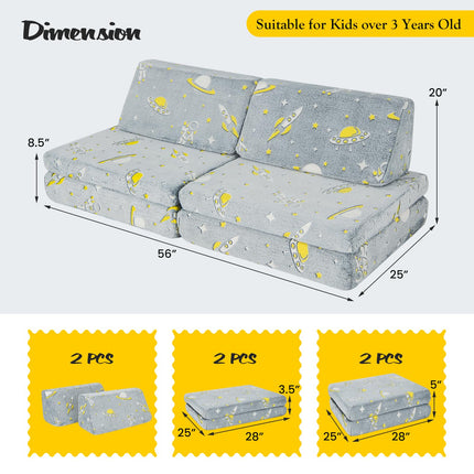 Costzon Convertible Kids Couch, Glow in Dark, 6-Piece Modular Sofa Playset with 4 Base Cushions & 2 Triangular Pillows, Grey