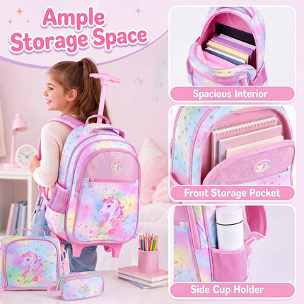 Baby Joy 3 Pieces Rolling Backpack for Kids | Wheeled Backpack with Lunch Box and Pencil Case