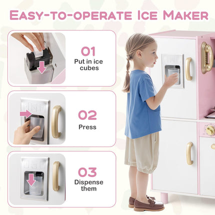 Costzon Kids Kitchen Playset, Wooden Pretend Play Kitchen with Ice Maker, Telephone, Range Hood