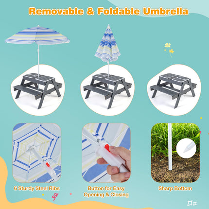 Costzon Kids Picnic Table, 4 in 1 Sand & Water Table w/Adjustable Umbrella