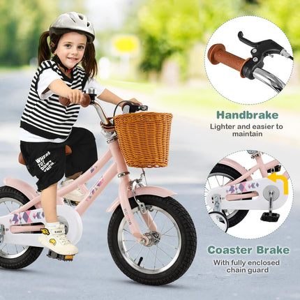 BABY JOY Retro Kids Bike, 12 Inch Child Bike w/Rattan Basket, 95% Pre-Assembled Kids Bicycle for Girls