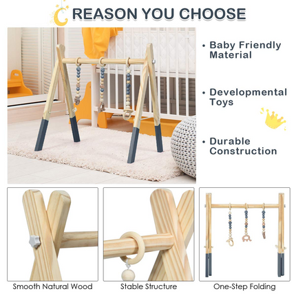 BABY JOY Portable Wooden Baby Gym, Foldable Baby Play Gym Frame, Baby Exercise Activity Gym Hanging Bar