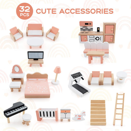 Costzon Wooden Dollhouse for Kids, 3-Story Luxury Doll House with 32 Pieces Furniture Accessories