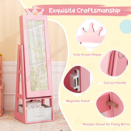 Costzon Kids Jewelry Armoire, 45.5" Standing Jewelry Cabinet with Full-Length Mirror