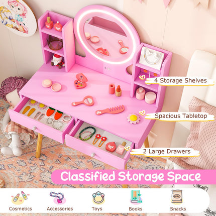 Costzon Kids Vanity, Girls Vanity Set with Mirror and Stool and Lights, Drawers, Storage Shelves