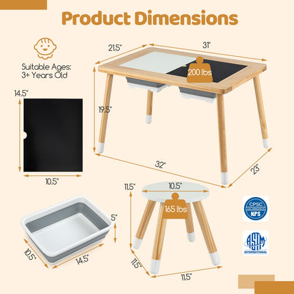 Costzon All-in-One Wooden Kids Activity Table Set w/Double-Sided Boards & 2 Foldable Storage Bins