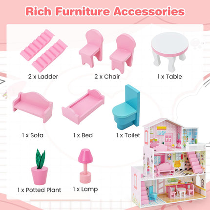 Costzon Wooden Dollhouse for Kids, 3-Story Semi-Open Doll House with 5 Rooms & 10 Pieces Furniture Set