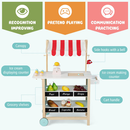 Costzon Kids Pretend Play Grocery Store, Wooden Ice Cream Cart Toy Set