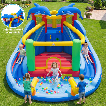 BOUNTECH Inflatable Water Slide | Dolphin Style 6 in 1 Bouncy Castle with Dual Slides