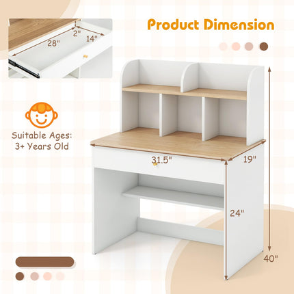 Costzon Kids Desk, Wooden Childrens Study Desk with Hutch, Drawer, Storage Shelf