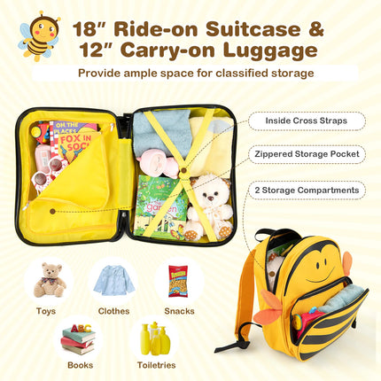 Costzon 2PC Kids Luggage Set, 3 in 1 Toddler 18" Ride-on & Carry-on Hardshell Suitcase with Wheels