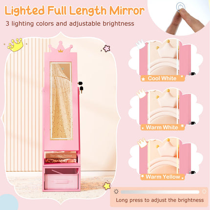 Costzon LED Kids 360° Swivel Jewelry Cabinet with Full Length Mirror