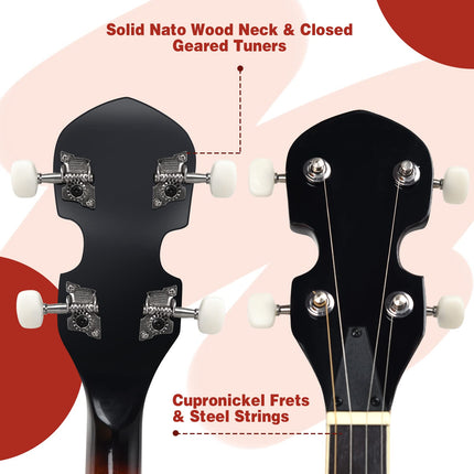Costzon 5 String Banjo 24 Bracket with Geared 5th Tuner and Mid range Closed Handle