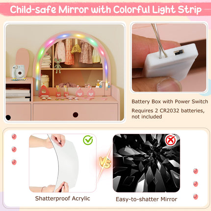 Costzon Girls Vanity Set with Mirror and Stool and Lights