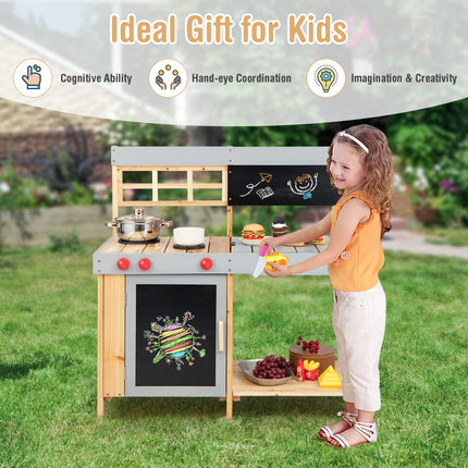 Costzon Mud Kitchen for Kids Outdoor Wooden Pretend Playset with Removable Cover