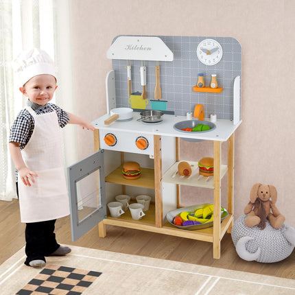 Costzon Kids Kitchen Playset, Wooden Pretend Little Chef Cooking Toy Set with Sink, Faucet, Stove