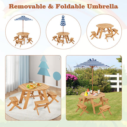 Costzon Kids Picnic Table, Fir Wood Octagon Kids Table and Chair Set with Removable Umbrella