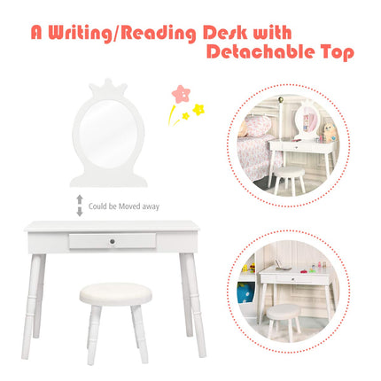 Costzon Kids Vanity Set, Wooden Princess Makeup Table with Cushioned Stool