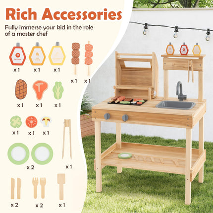 Costzon Kids Grill Playset, Wooden Kids BBQ Grill Playset with Play Food（With Shelf）