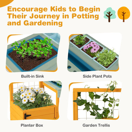 Costzon Mud Kitchen, Kids Potting Bench with Garden Bed & See-Through Window, Treills, Kids Kitchen Playset