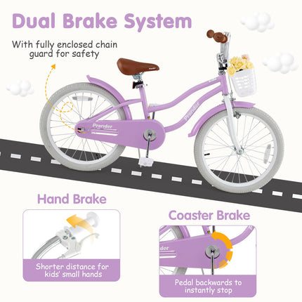 BABY JOY Kids Bike, 20 Inch Boys Girls Bike w/Adjustable Seat, Removable Basket, Handbrake & Coaster Brake, Kickstand