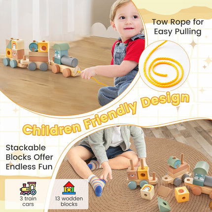 Costzon Wooden Train Set, 3-Section Towable Train Toys with Stackable Building Block, Cute Animal Patterns