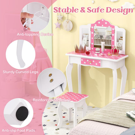 Costzon Kids Vanity, Girls Vanity Set with Mirror and Stool