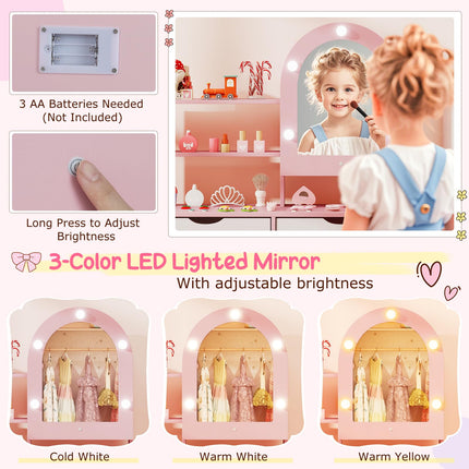 Costzon Kids Vanity with Lights Wooden Kids Vanity Table and Chair Set