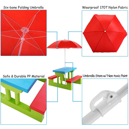 Costzon Kids Picnic Table, Indoor & Outdoor Plastic Table and Bench with Removable Umbrella