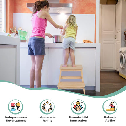 Costzon Kids Kitchen Step Stool with Safety Rail, 2 in 1 Solid Wood Montessori Learning Stool Standing Helper