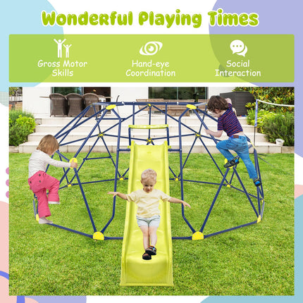 Costzon Climbing Dome with Extended Wavy Slide, 13.3FT Outdoor Jungle Gym Monkey Bar, 2 in 1 Geometric Dome Climber Playground Set