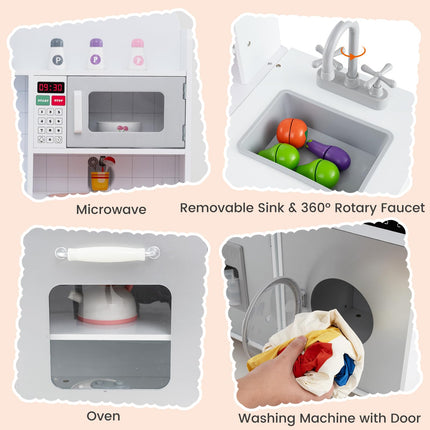 Costzon 3-Piece Play Kitchen for Kids, Wooden Toy Kitchen Set with Refrigerator