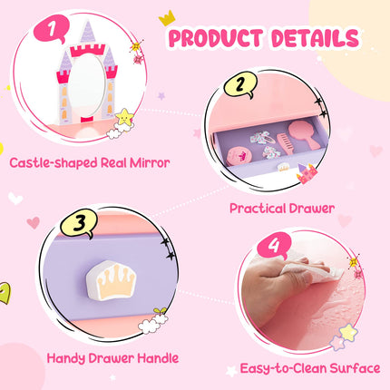 Costzon Kids Vanity Set, Girls Vanity Set with Mirror and Stool, Princess Makeup Dressing Table