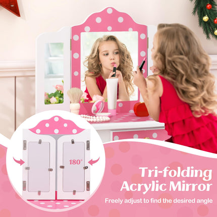 Costzon Kids Vanity, Girls Vanity Set with Mirror and Stool
