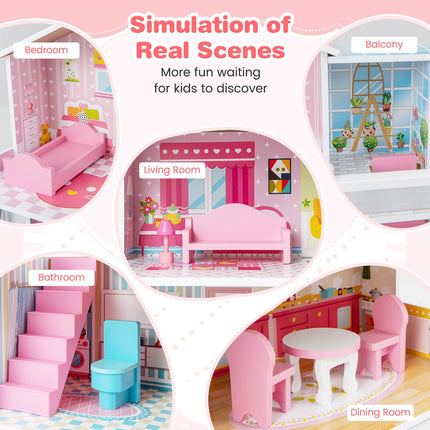 Costzon Wooden Dollhouse for Kids, 3-Story Semi-Open Doll House with 5 Rooms & 10 Pieces Furniture Set